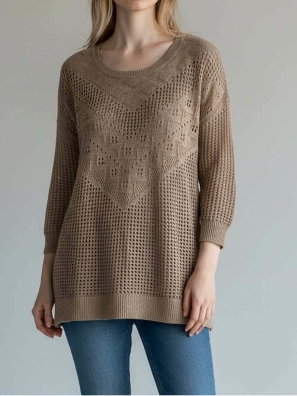 American Eagle Outfitters Taupe Open-Knit Scoop Neck Sweater